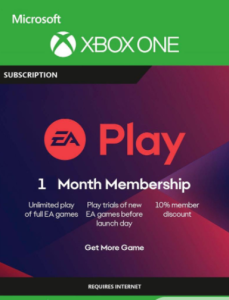 EA Play 1 month subscription code for Xbox One, a digital gift card for Xbox Live.