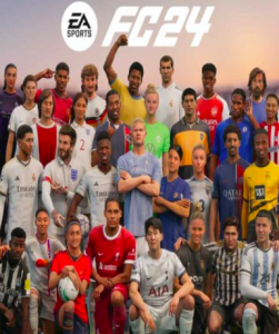 EA Sports FC 24 game cover for EA App platform, featuring the latest football simulation by Electronic Arts.