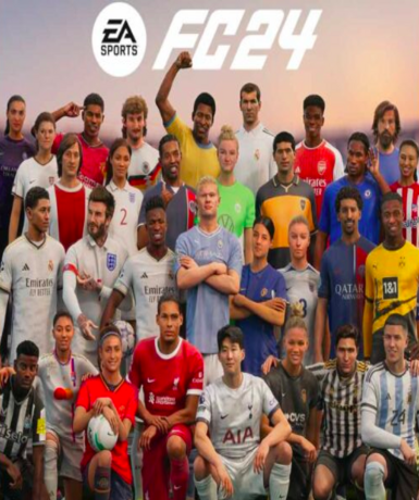 EA Sports FC 24 game cover for EA App platform, featuring the latest football simulation by Electronic Arts.